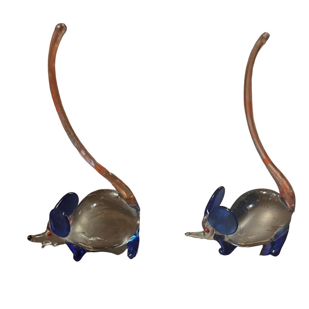 Blown Art Glass Blue Clear Pair of Mice Mouse